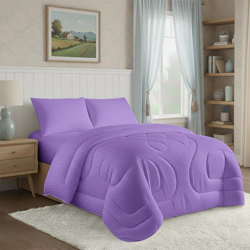 طقم لحاف نفر ونص روز فندقي مقلم - ليلك