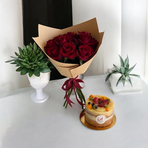 باقة ورد جوري احمر مع كيك نعمة