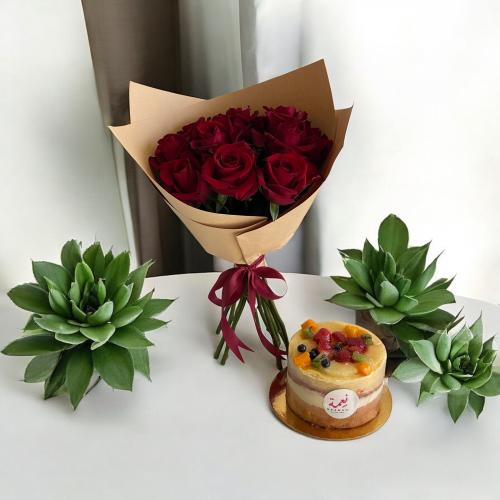 باقة ورد جوري احمر مع كيك نعمة