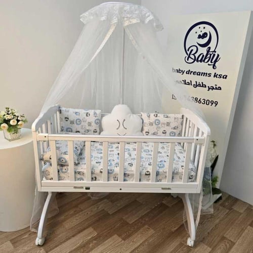 سرير مواليد هزاز خشبي مع ستارة وطقم متكامل