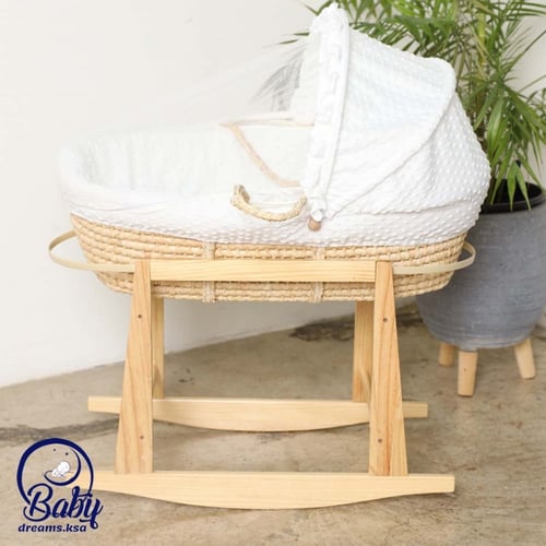 مهد سلة موسى مع مفرش ابيض + حامل هزاز