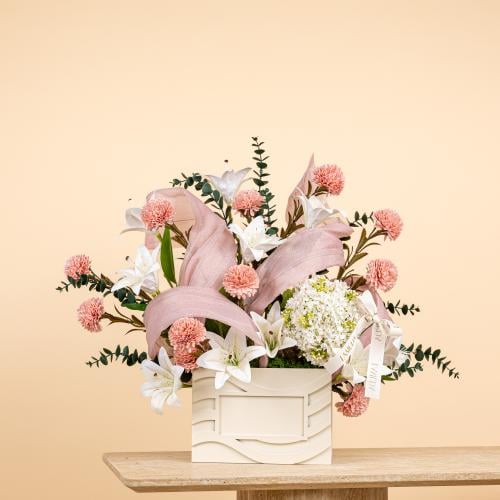 Blush Pink Pompon & Lily Ribbon Centerpiece