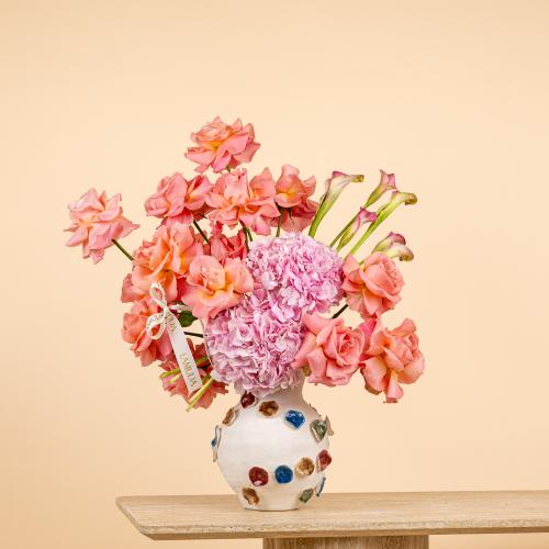 Coral Rose & Pink Hydrangea Ceramic Vase