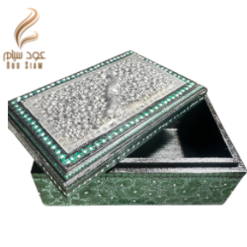 صندوق خشب مستطيل اخضر منقوش