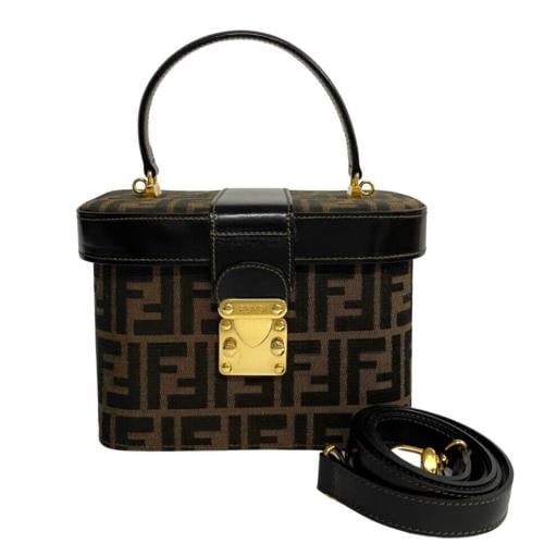 Fendi Zucca Pattern Logo Leather Handbag Brown Bla...