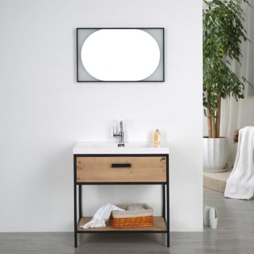 مغسلة حوض رخام صناعي بكبينه 80 سم مع مرأة بإضاءة ل...