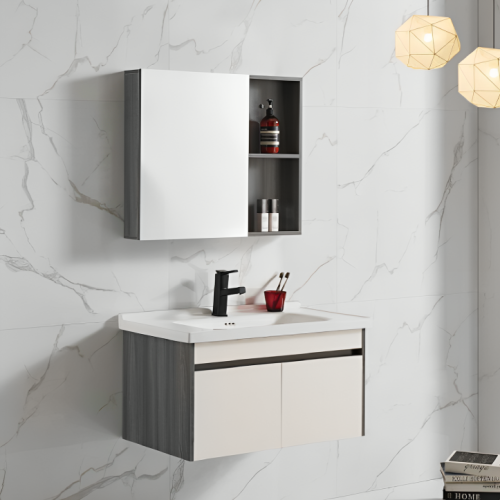 مغسله حمام خشب رمادي ابيض 80سم مع صيدلية مراية KD...