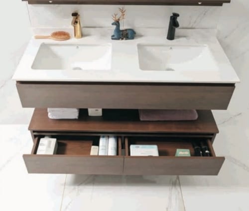 مغسلة دولاب بحوض رخام مع مرآة بإضاءة LED 120 سم