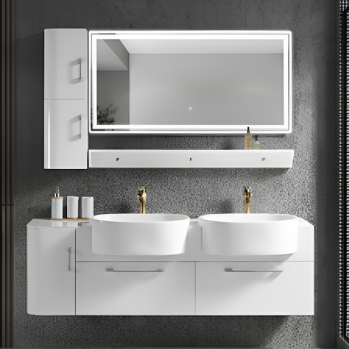 مغسلة ديكور حوضين بدولاب مقاس 160 سم مع مرايا ليد