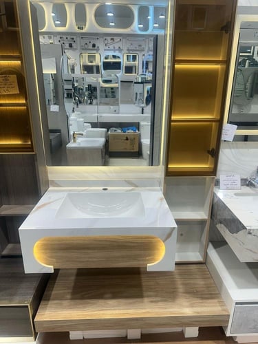 مغسلة بورسلان 100 سم مع رف و صيدالية و مرايا ليد