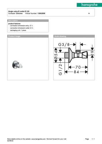 محبس زاوية كروم 3/8 هانز جروهي hansgrohe