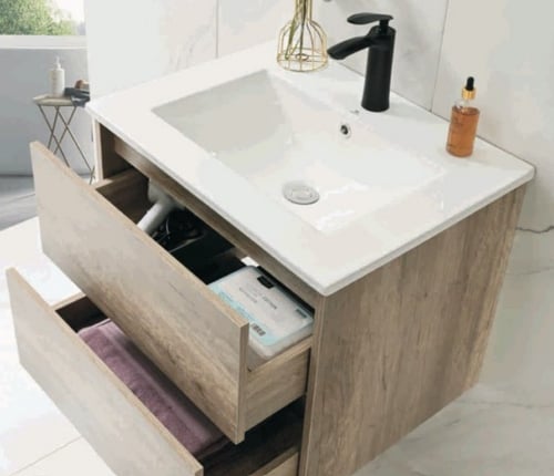 مغسلة دولاب حوض رخام صناعي 60 سم مع مرآة بإضاءة لي...