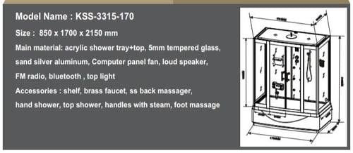 كابينة بخار جاكوزي زاوية 170x85 سم