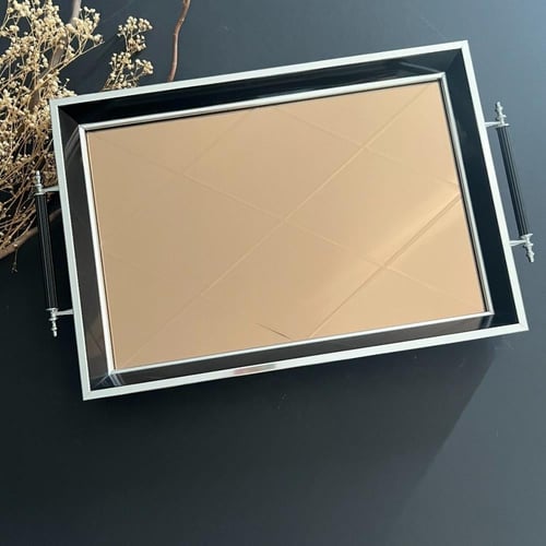 صينية خشبية بقاعدة عاكسة، لون فضي أسود حجم صغير, ا...