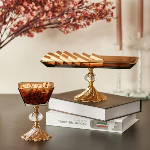 صحن تقديم مستطيل زجاج تركي، لون عسلي