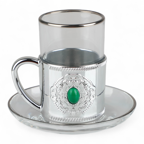 طقم بيالات شاي كوين فضي وأخضر من سوليتير، عدد القط...