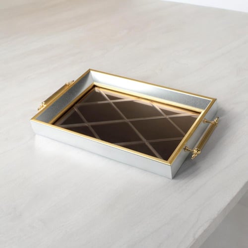 صينية المرآة الخشبية الفاخرة حجم صغير فضي ذهبي, ال...