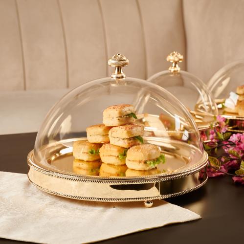 صحن كيك ميار ذهبي بغطاء أكريليك حجم كبير دائري، ال...