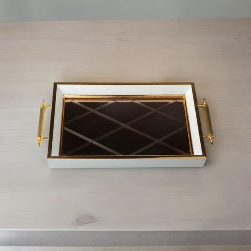 صينية خشبية بقاعدة عاكسة ، أبيض ذهبي حجم صغير, الأ...