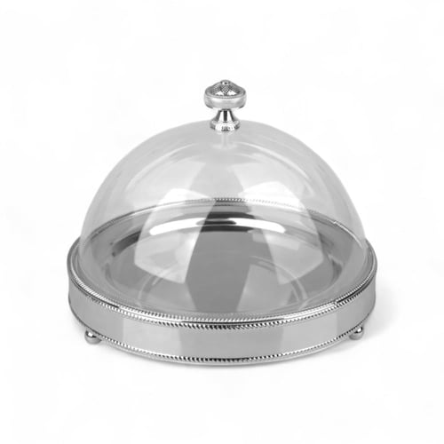 صحن كيك ميار فضي بغطاء أكريليك حجم كبير دائري، الق...