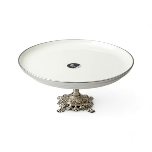 صحن تقديم فاخرة بقاعدة مرتفعة، فضي حجم صغير