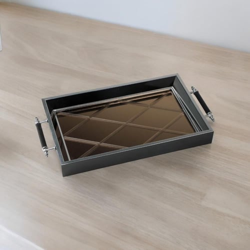 صينية خشبية بقاعدة عاكسة، لون فضي أسود حجم كبير, ا...