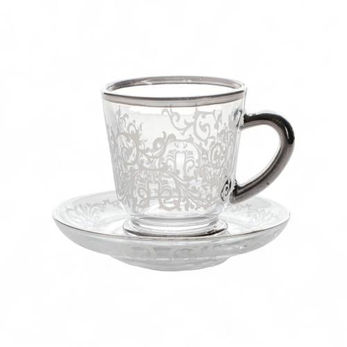 طقم بيالات شاي وصحون فاخرة من سوليتير، لون فضي وشف...