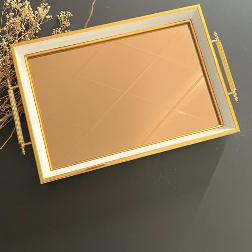 صينية خشبية بقاعدة عاكسة، أبيض ذهبي حجم كبير, الأب...