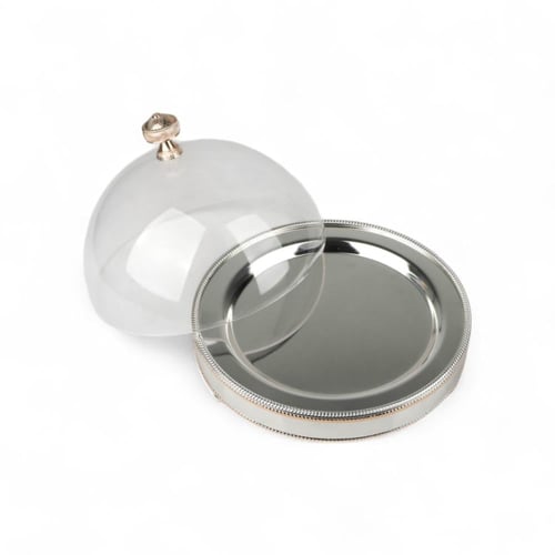 صحن كيك ميار فضي وذهبي بغطاء أكريليك حجم كبير دائر...