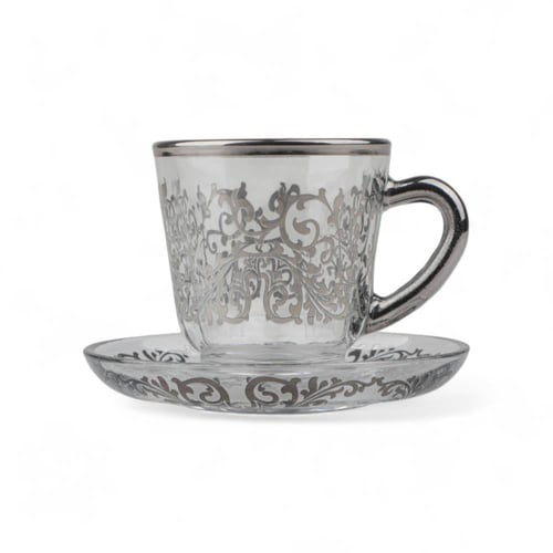 طقم بيالات شاي وصحون فاخرة من سوليتير، لون فضي وشف...