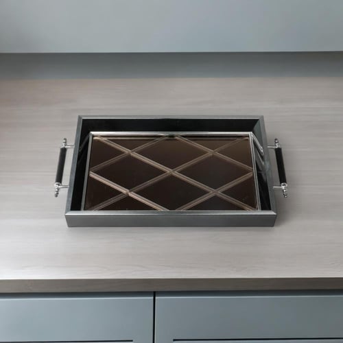 صينية خشبية بقاعدة عاكسة، لون فضي أسود حجم كبير, ا...