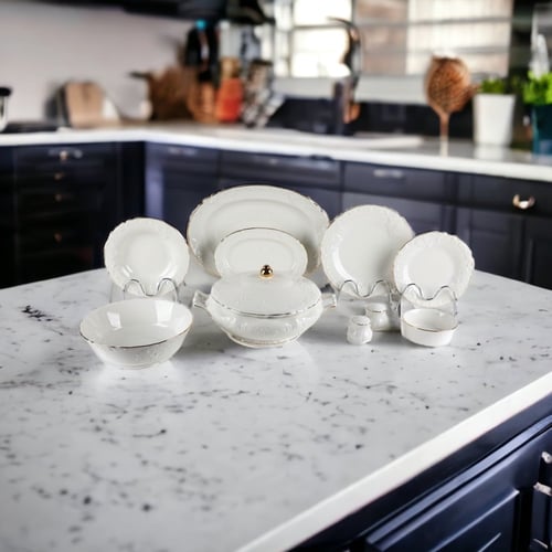 طقم سفرة بورسلان باللون سكري ذهبي 32 قطعة