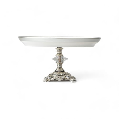صحن تقديم فاخرة بقاعدة مرتفعة، فضي حجم صغير