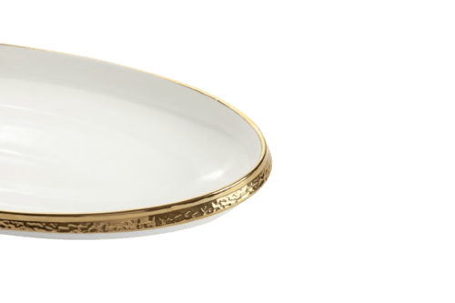 صحن البورسلان بيضاوي لؤلؤي أطراف ذهبية حجم صغير، ا...