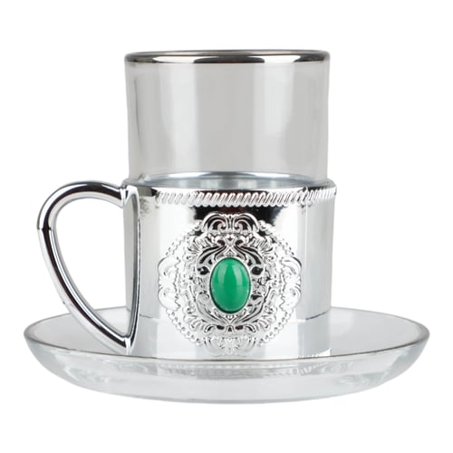 طقم بيالات شاي كوين فضي وأخضر من سوليتير، عدد القط...