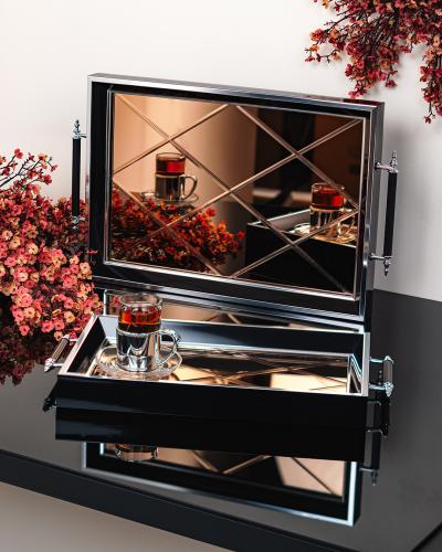 صينية خشبية بقاعدة عاكسة، لون فضي أسود حجم صغير, ا...