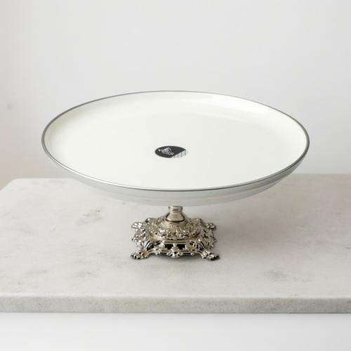 صحن تقديم فاخرة بقاعدة مرتفعة، فضي حجم صغير