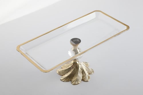 صحن تقديم مستطيل زجاج تركي شفاف بأطراف ذهبي