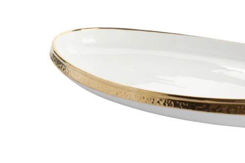 صحن البورسلان بيضاوي لؤلؤي أطراف ذهبية حجم صغير، ا...