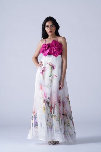 فستان انيق بوردات فوشيه على الصدر