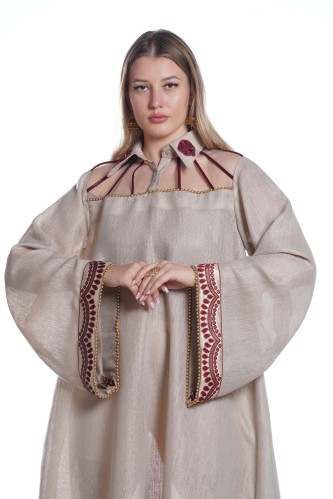 جلابية لنن بيج ممزوج مع نحاسي وعنابي