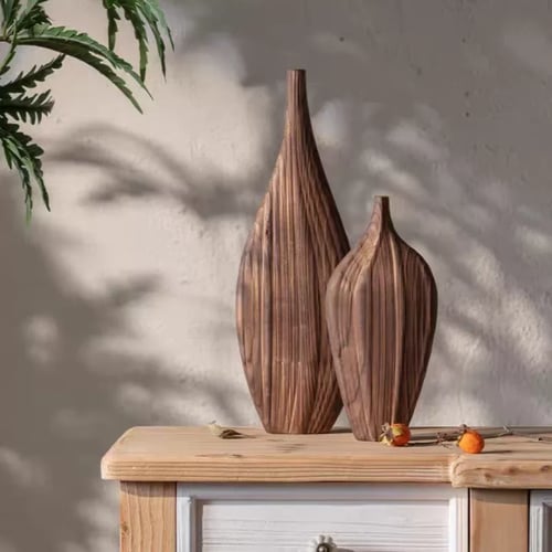 فازات ديكور خشبية طبيعية بثلاثة أحجام مع نقوش فنية