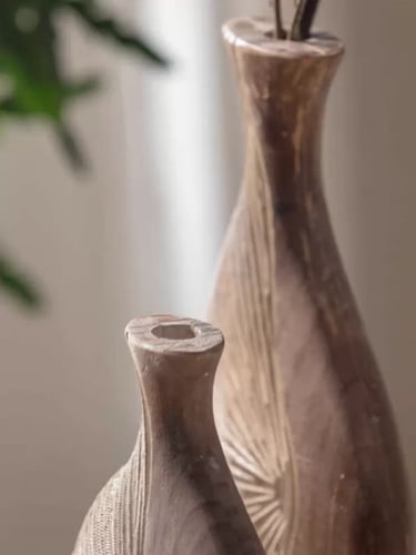 فازات ديكور خشبية طبيعية بثلاثة أحجام مع نقوش فنية