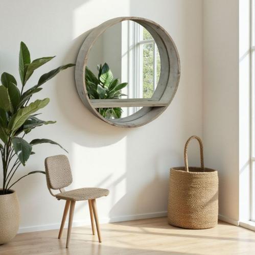 مرايا جدارية بأطار دائري من الخشب الطبيعي