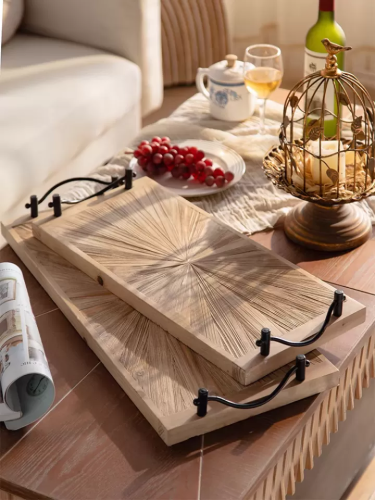 طقم صواني تقديم خشب طبيعي بمسكات حديد بطابع ريفي -...