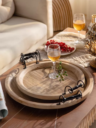 طقم صواني تقديم خشب طبيعي بمسكات حديد بطابع ريفي -...