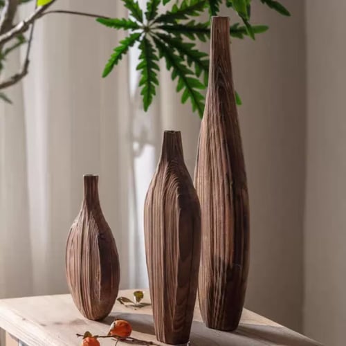 فازات ديكور خشبية طبيعية بثلاثة أحجام مع نقوش فنية