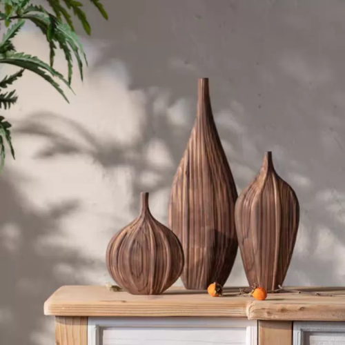 فازات ديكور خشبية طبيعية بثلاثة أحجام مع نقوش فنية