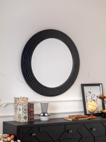 مرايا جدارية دائرية بإطار خشبي أسود – 78×78 سم