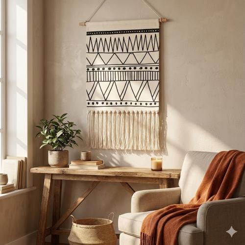 نسيج جداري "سكون الجبل" – كحلي وأبيض (60×40 سم)